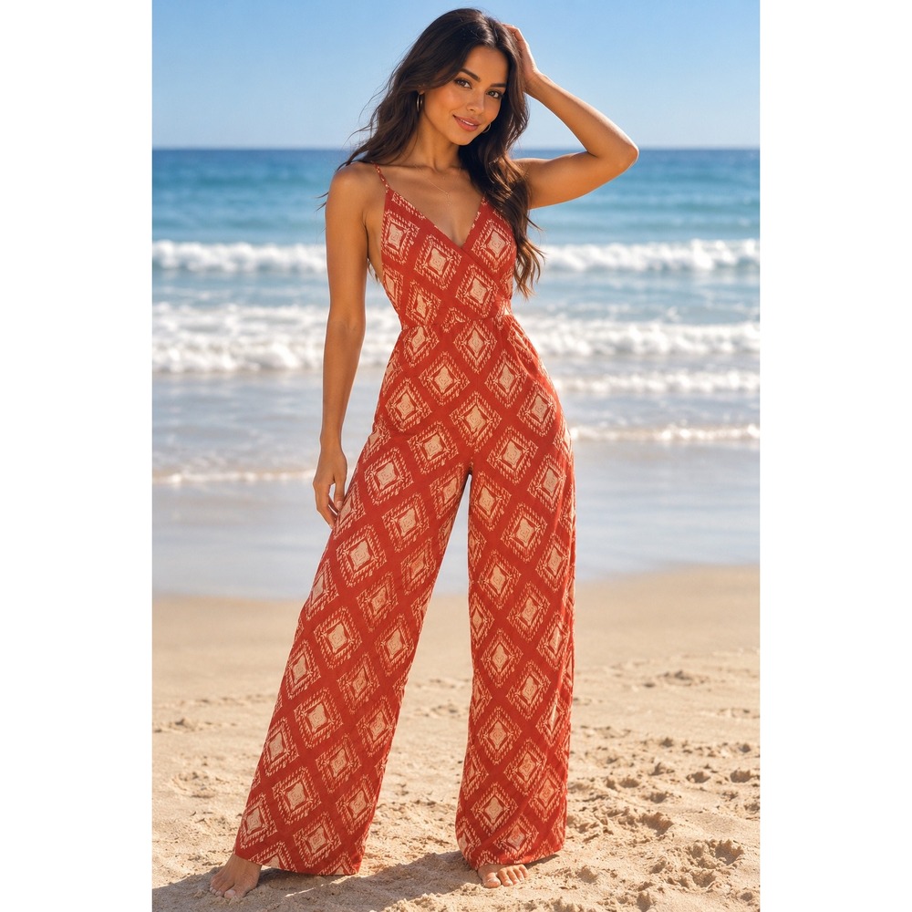 Zara Womens XS Red Ikat Diamond Print Halter Wide Leg Cotton Jumpsuit